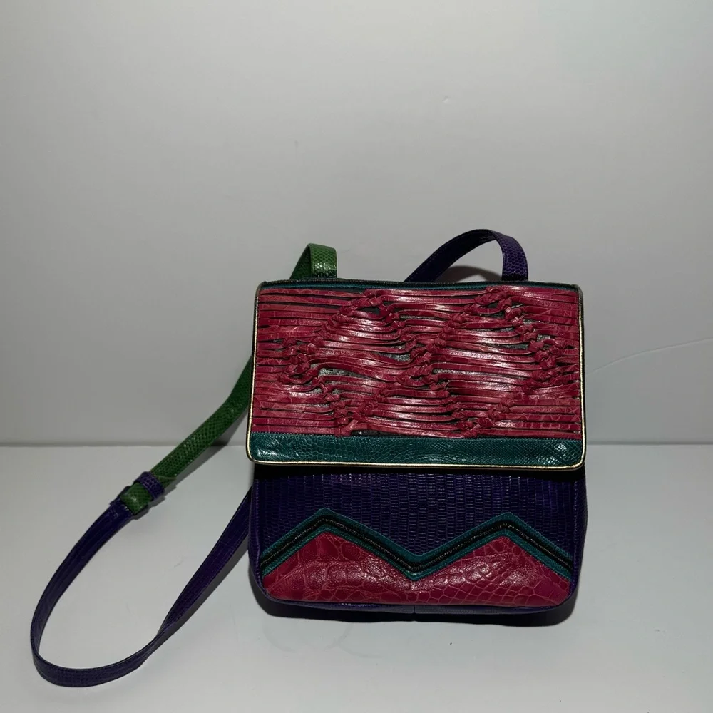 Sharif Crossbody‎ Multicolor Genuine Exotic Animal Skin Snap Bag Woven Vintage